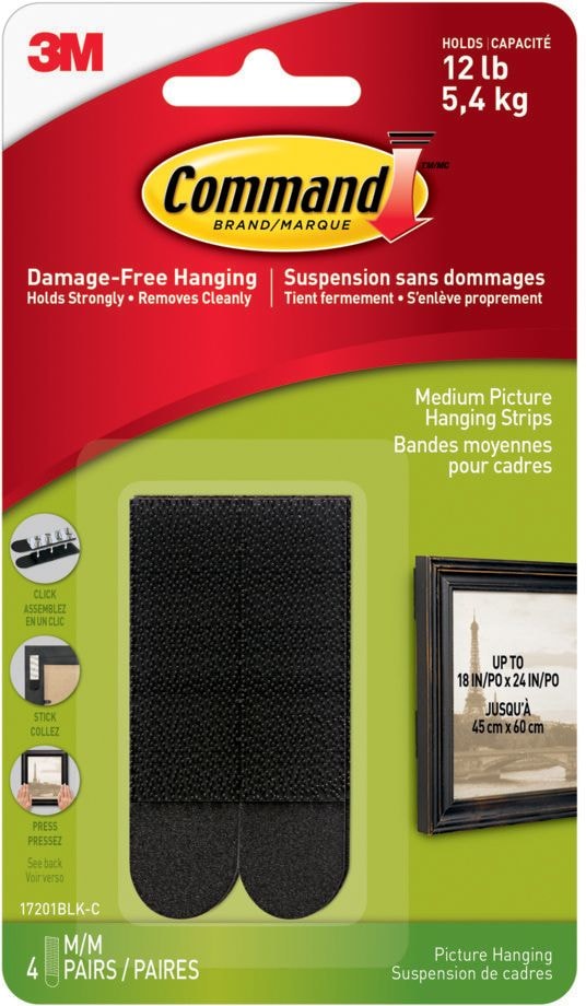 Medium Adhesive Picture Hanging Strips, Black, 12-lbs, 4 Strips Per Pack Z8210