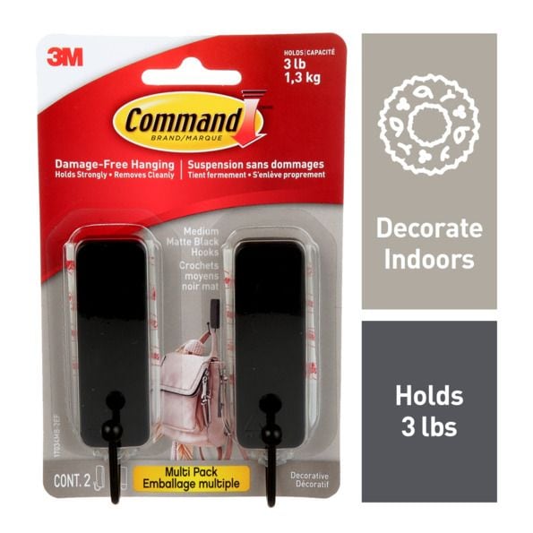 Medium Decorative Hooks with Adhesive Strips, Matte Black, 3-lbs, 2 Strips per Pack T5969