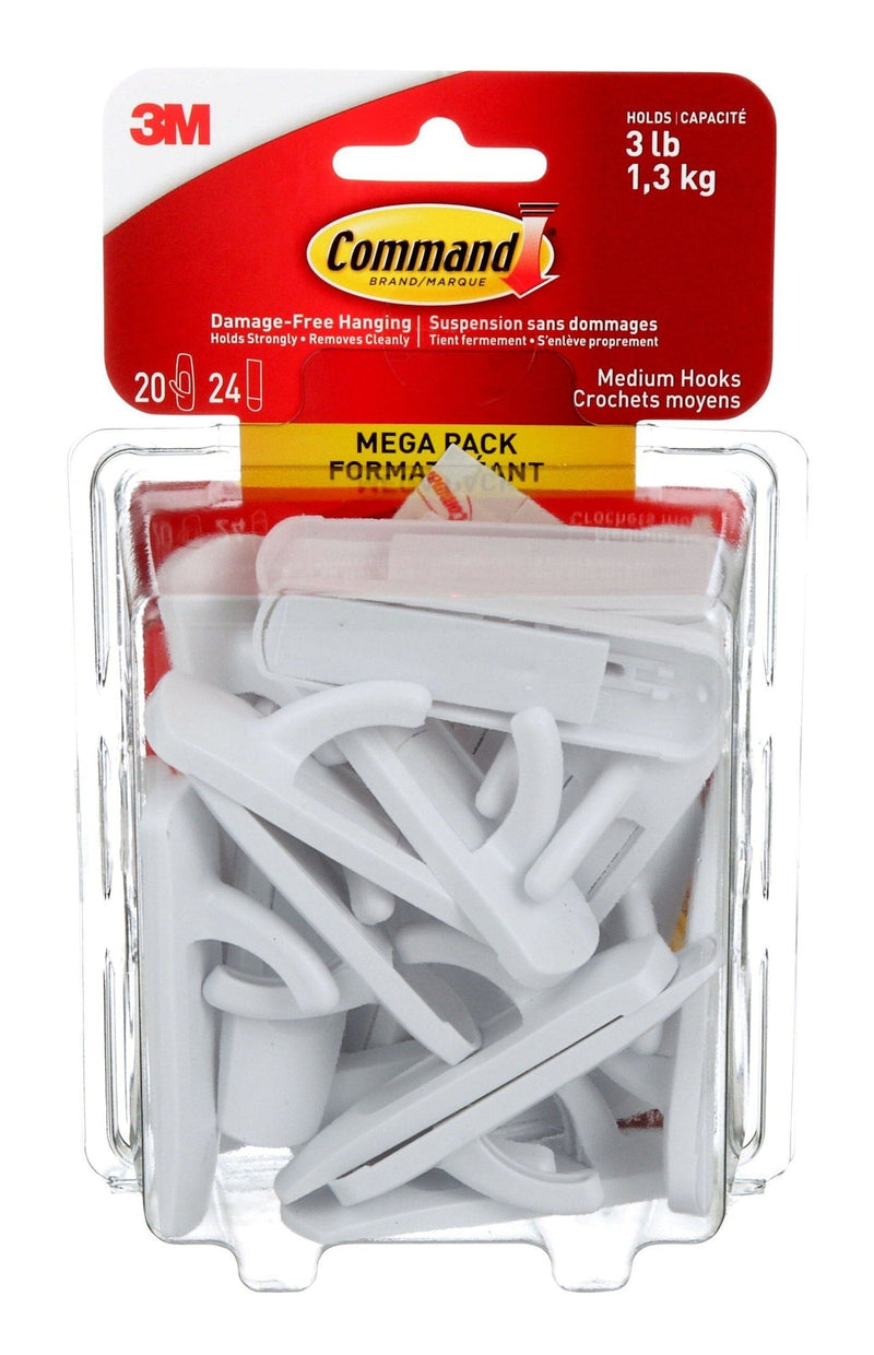 Medium Hooks Mega Pack with Adhesive Strips, White, 3-lbs, 20 Hooks/Pack A5147