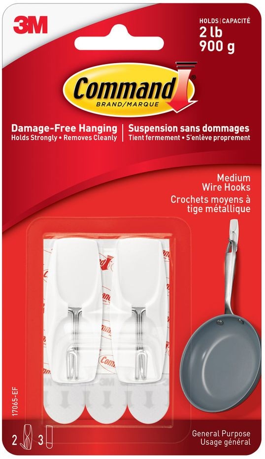 Medium Wire Toggle Hooks with Adhesive Strips, White, 2-lbs, 2 Strips per Pack G6102