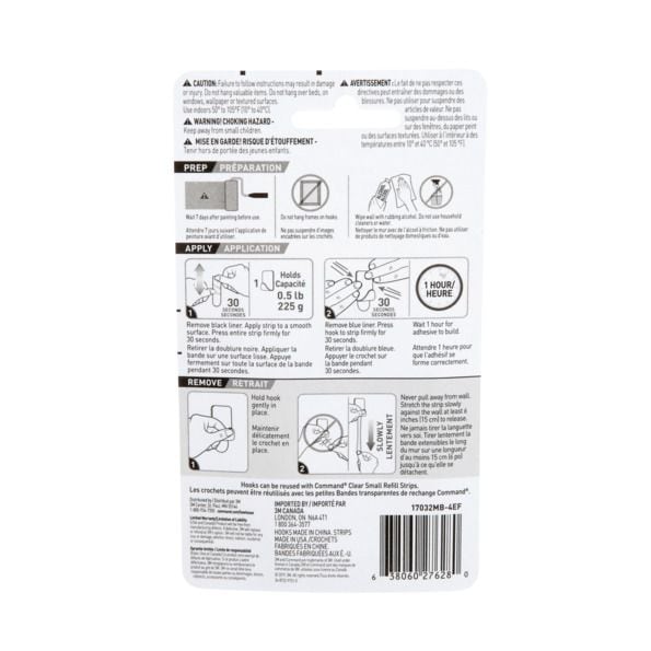 Small Decorative Hooks with Adhesive Strips, Matte Black, 0.5-lbs, 4 Strips per Pack I1189