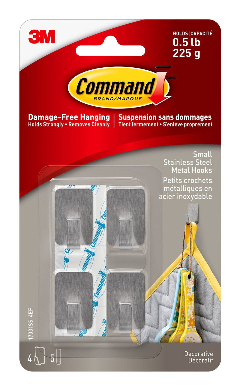 Small Stainless Steel Metal Hooks with Adhesive Strips, Silver, 0.5-lbs, 4 Strips per Pack I1165