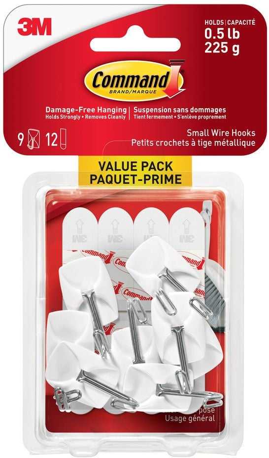 Small Wire Hooks Value Pack with Adhesive Strips, White, 0.5-lbs, 9 Strips per Pack N1696