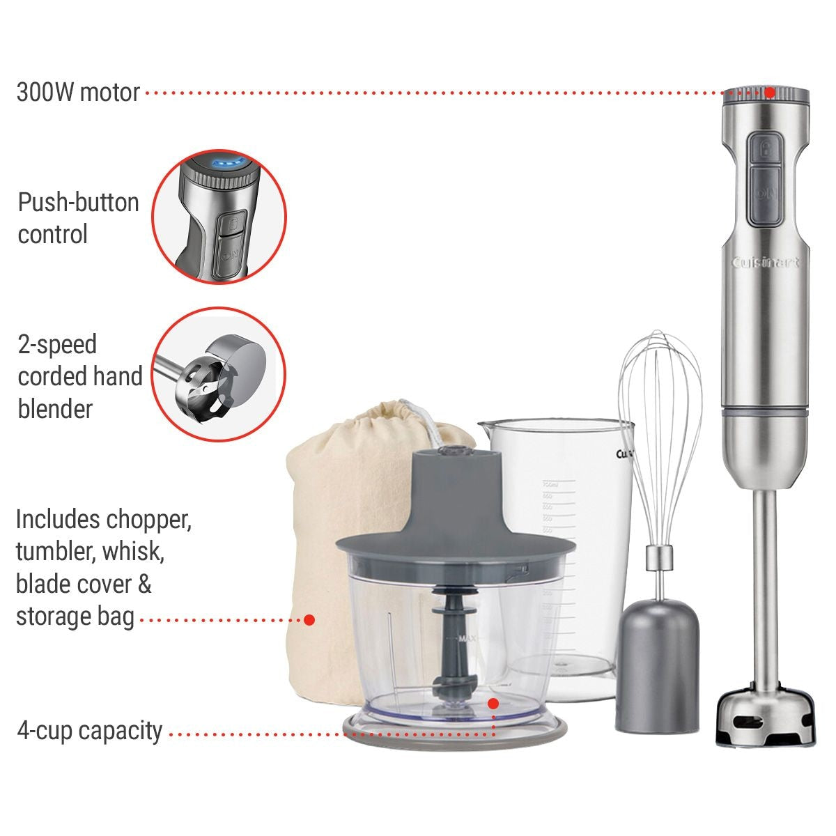 SmartStick 2-Speed Corded Hand Blender with Chopper & Whisk Attachments, Stainless Steel