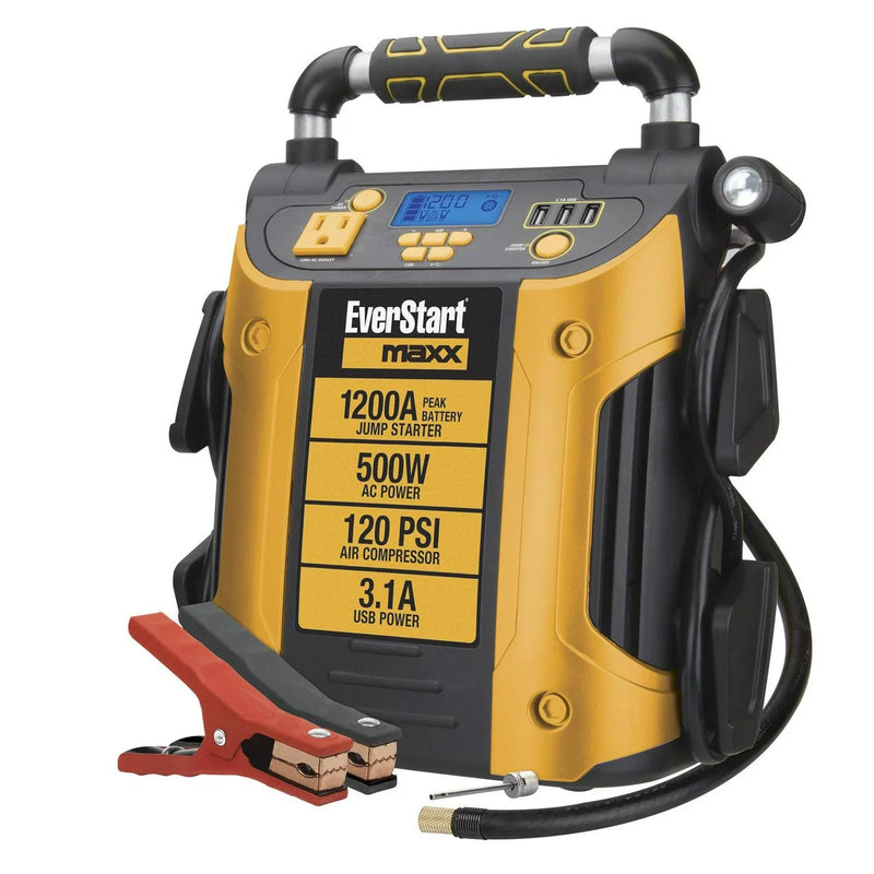 J5CPDE Jump Starter, Power Station, 1200 Peak Battery Amps with 500W Inverter and 120 PSI Compressor C1902