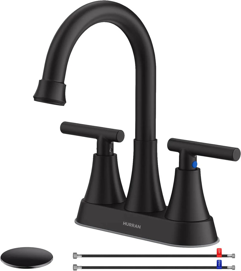 Bathroom Faucets for Sink 3 Hole, Hurran 4 inch Matte Black Bathroom Sink Faucet with Pop-up Drain G3035