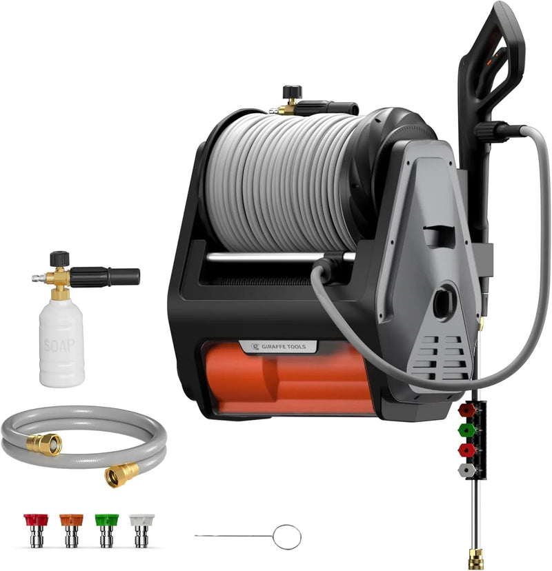 Pressure Washer Pro, Electric Wall Mount Power Washer with 100FT Retractable Pressure Hoses, 3300PSI, 1.6GPM, 4 Nozzles, Foam Cannon for Cars/Patios, Dark Silver G6842