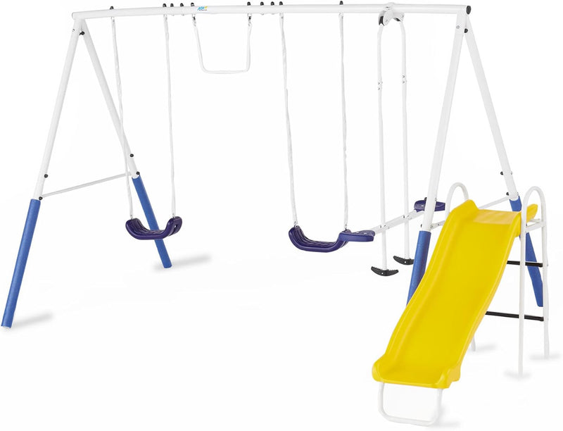 Recreation Blue Ridge Backyard Playground Set Sturdy Metal A Frame Swing with Chain Covers, Glider, Trapeze, 2 Swings, and Slide, Multicolor T3422