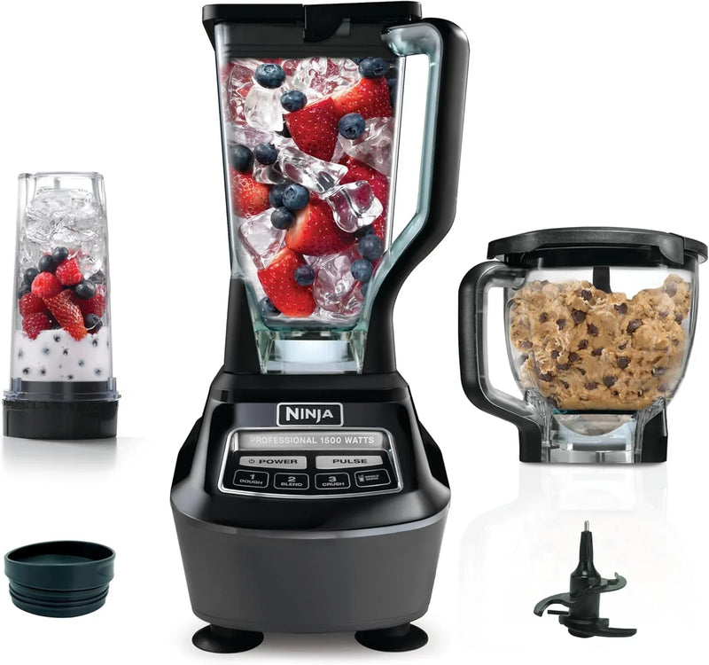 Blender, Mega Kitchen System, 1500W, 4 Functions for Smoothies, Processing, Dough, Drinks & More, with 72 Blender Pitcher, 64 Processor Bowl, 2 Nutri Cups Lids, Black, BL770 Q7697