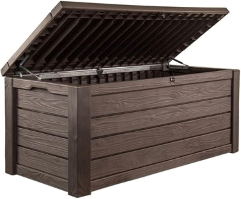 570-liter storage box, all-weather resin boat-shaped storage box, and stylish outdoor bench with piston-assisted lockable lid and side handles, dark coffee color version E8604