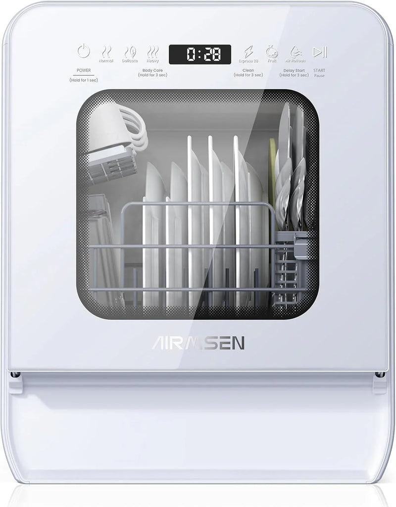 Desktop dishwasher set, double-layer shelf design, portable dishwasher, built-in 5-liter water tank, 3 spray arms, 12-hour delay start, no need to connect power supply, white model I2689