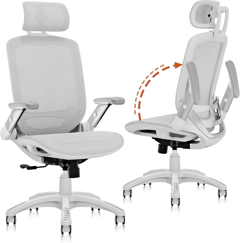Ergonomic Office Chair, High Back Home Desk Chair with Headrest, Flip-Up Arms, 90-120° Tilt Lock and Wide Cushion, Big and Tall Mesh Chairs for Man Woman, Black Task Chair Q6601