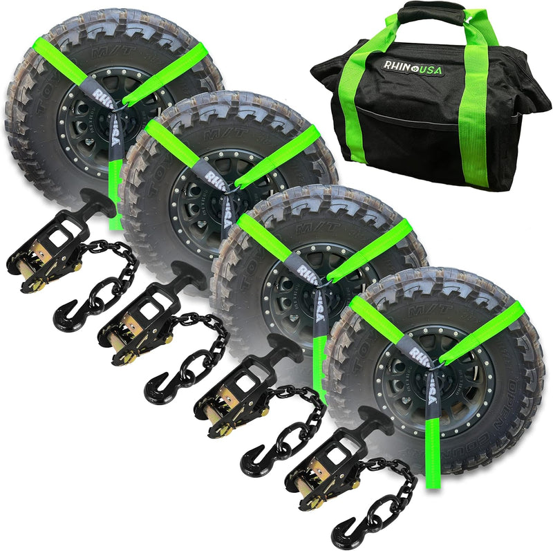 Car Tie Down Straps for Trailers with Flat Hooks (4-Pack) - 2 Inch x 8 Feet (10,000lb Break Strength) - Heavy Duty T-Handle Car Lasso Tire Straps for Trailer & UTV - Black A0213