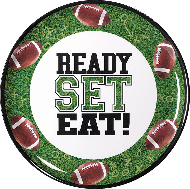 Football "Ready Set Eat" Round Plastic Melamine Reusable Serving Platter, Green, 13.5-in, for Sports Party E3767