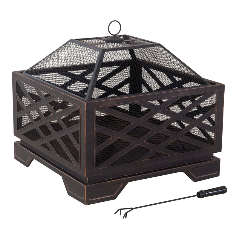 Lawrence Steel Outdoor Wood Burning Fire Pit with Fireplace Poker, 25 x 25 x 26-in D8656