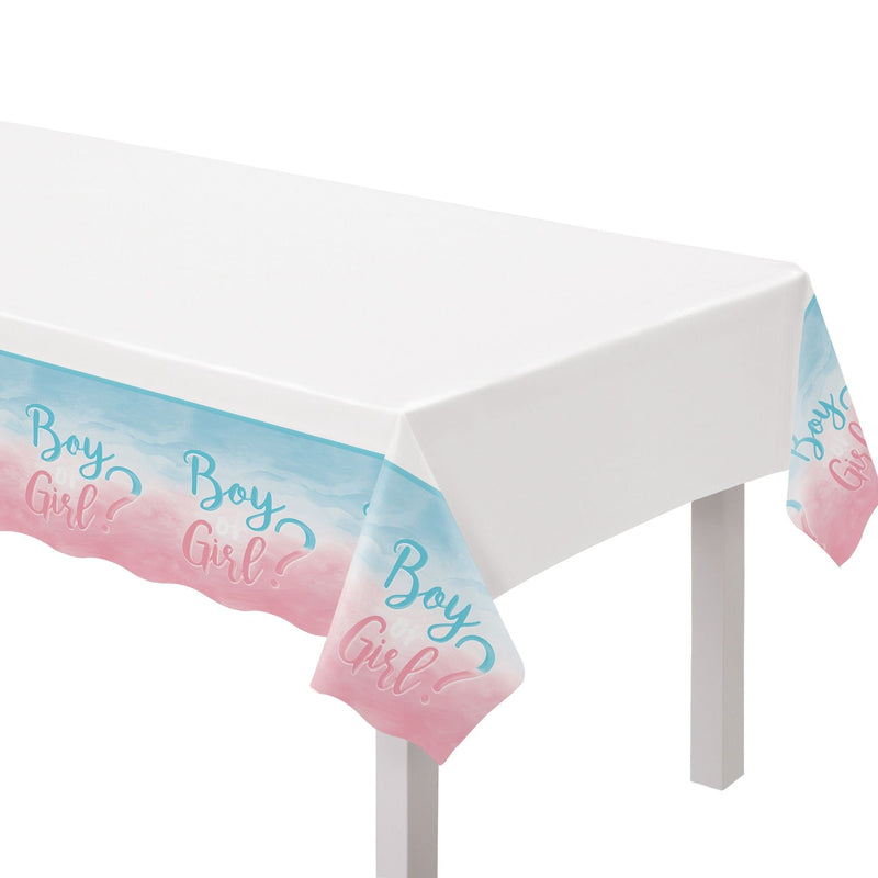 "Girl or Boy?" Rectangle Plastic Reusable Table Cover, Pink/Blue, 54x102-in, for Gender Reveal M2226