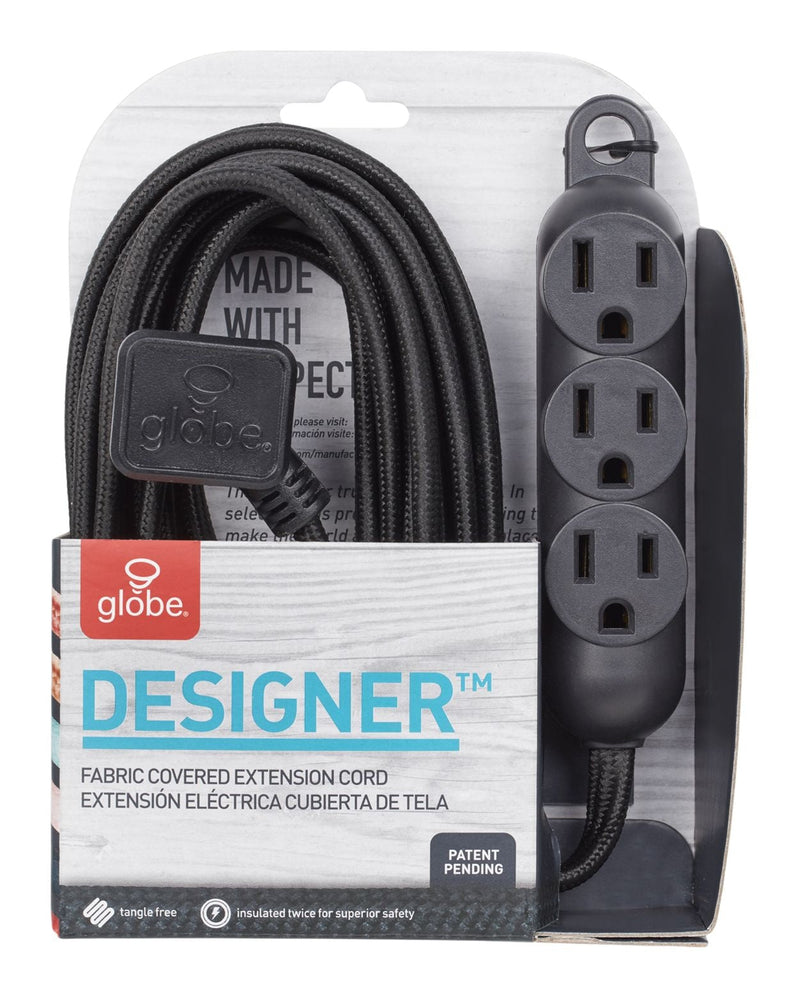 12-ft 16/3 Fabric Extension Cord, Right Angle Plug, 3 Outlets, Black T6389