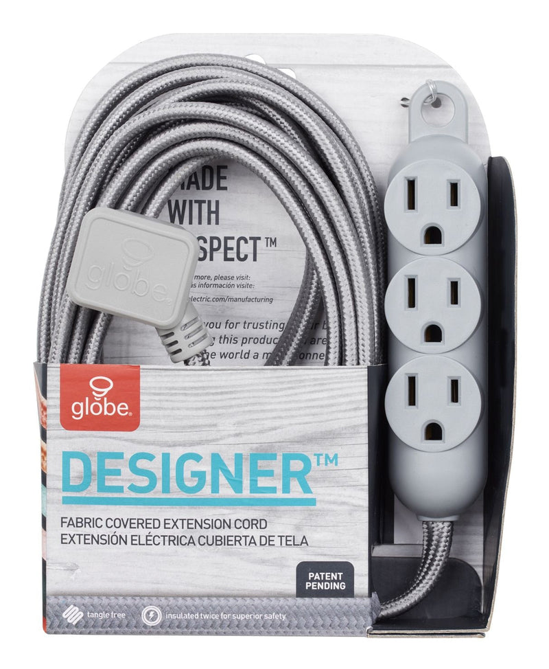 12-ft 16/3 Fabric Extension Cord, Right Angle Plug, 3 Outlets, Grey N3511