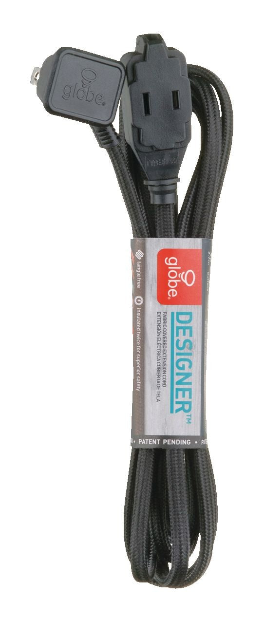 9-ft 16/2 Fabric Extension Cord, Right Angle Plug, 3 Outlets, Black B9020