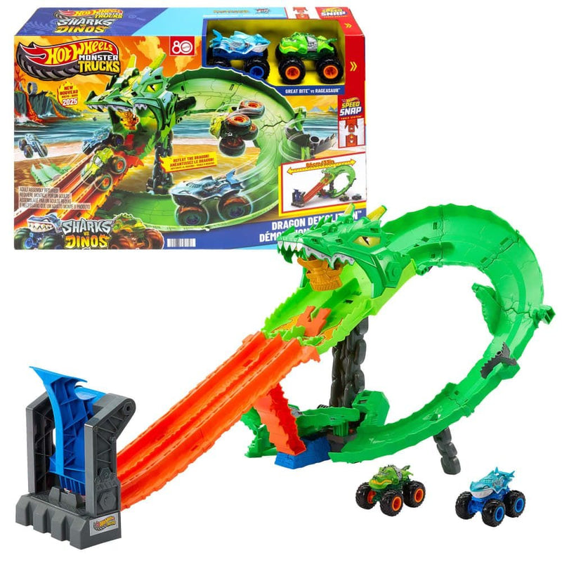 Sharks vs. Dinos Dragon Destruction Playset with 2 1:64 Monster Trucks T9622