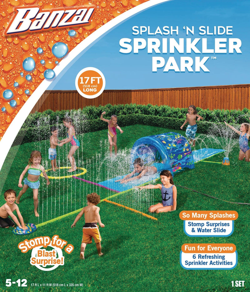 Inflatable Splash ‘N Slide Water Sprinkler Park, Blue, 17-ft, Ages 5+, for Beach/Pool Fun Activities S4221