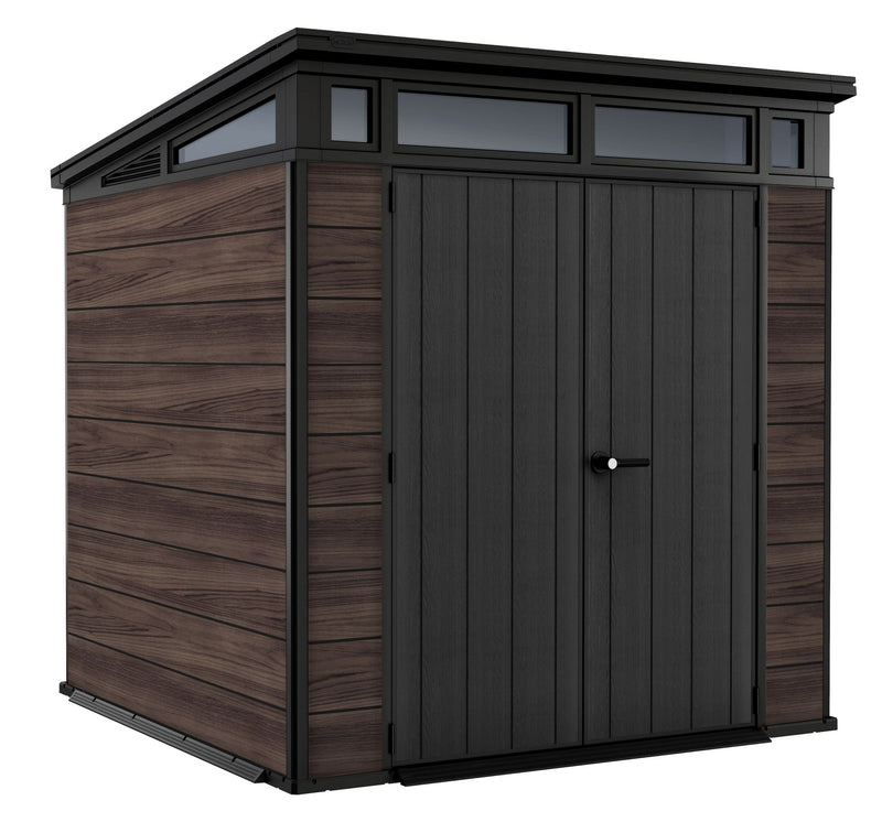 Pent Durable DecoCoat Lockable 2-Door Resin Outdoor Storage Shed with Windows, Brown, 7-ft x 7-ft I8809