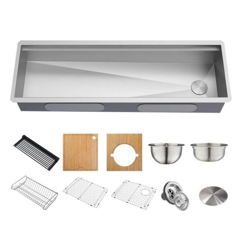 Kore 2-Tier Workstation Undermount 16-Gauge Single Bowl Kitchen Sink with 11-Piece Chef’s Kit, 57-in D1970