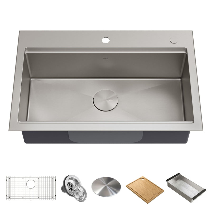 Kore Top/Undermount Stainless Steel Single Bowl Kitchen Sink with Add-Ons, 32x21x9-in Z7419