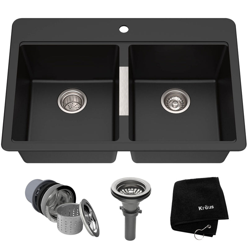 Quarza Undermount Granite Double Bowl Kitchen Sink, Black Onyx, 33x22x10-in W9609