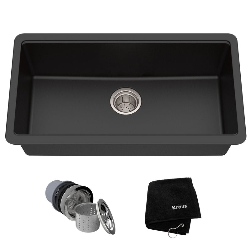 Quarza Undermount Granite Single Bowl Kitchen Sink, Black Onyx, 31x17x9-in K3839