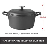 Pre-Seasoned Casserole Dish, Cast Iron, Black, 6-qt
