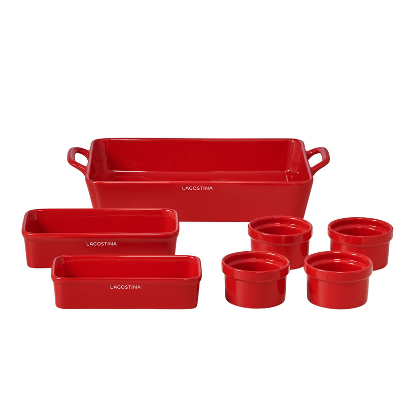 Stackable Red Ceramic Bakeware Set with Handles, 7-pc F1677