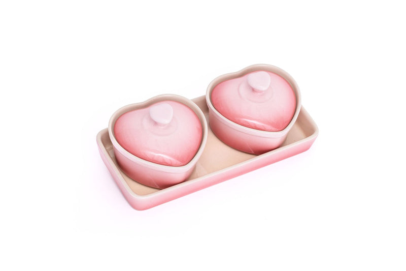 Stoneware Heart Cocottes and Tray, Gradient Rose, 5-pc W7652