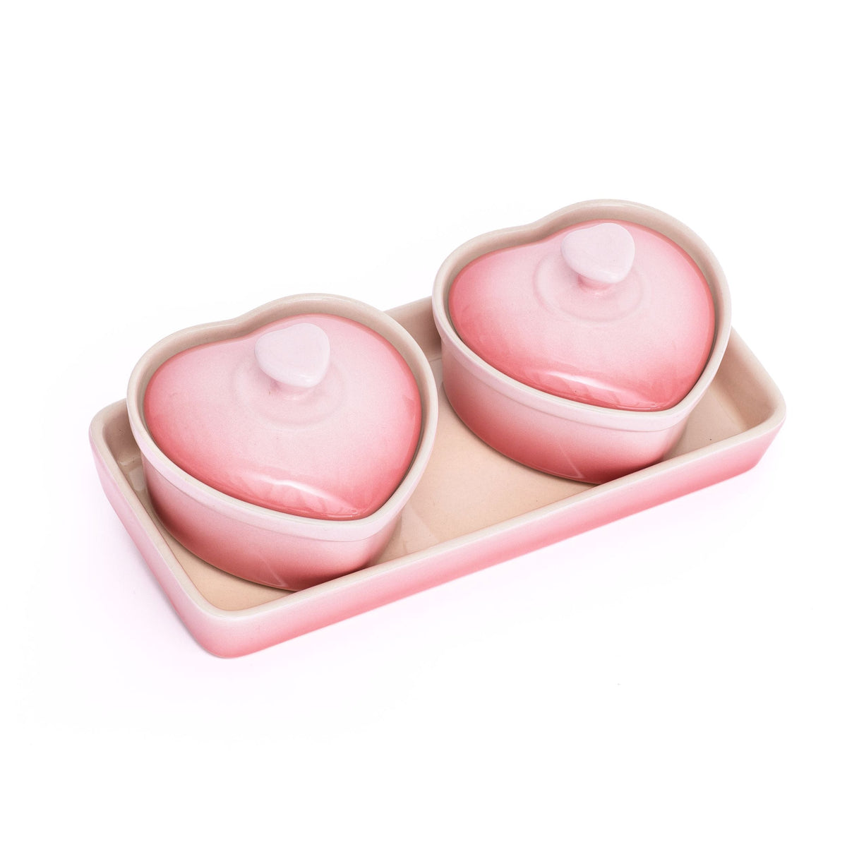 Stoneware Heart Cocottes and Tray, Gradient Rose, 5-pc