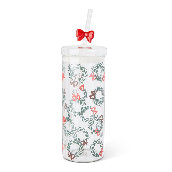 22-oz Printed Glass Tumbler with Bow Charm Straw I6683