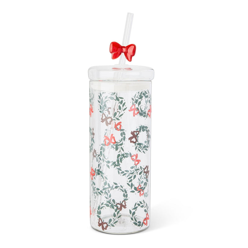 22-oz Printed Glass Tumbler with Bow Charm Straw I6683