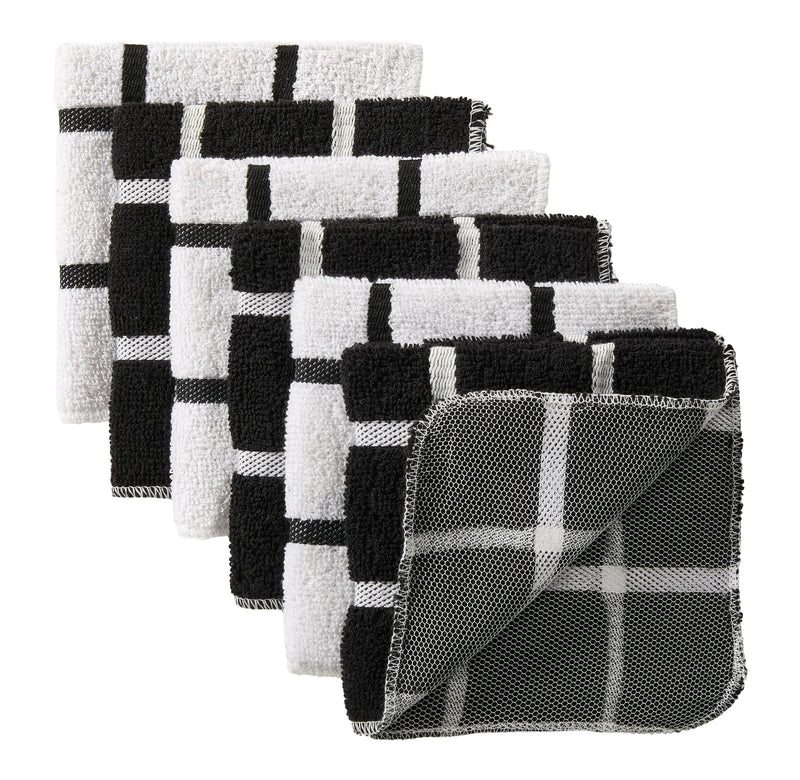 Terry Checkered Dish Cloths with Scrubber, Black, 6-pk I6091