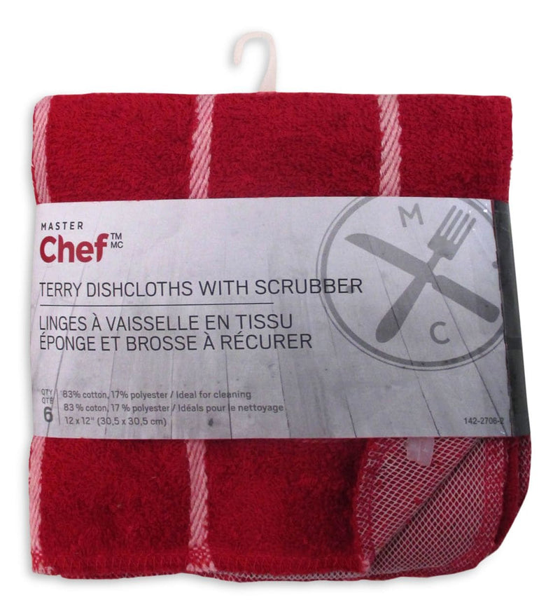 Terry Cotton Checkered Dishcloths, 12-in x 12-in, Red, with Scrubber, 6-pk J4104