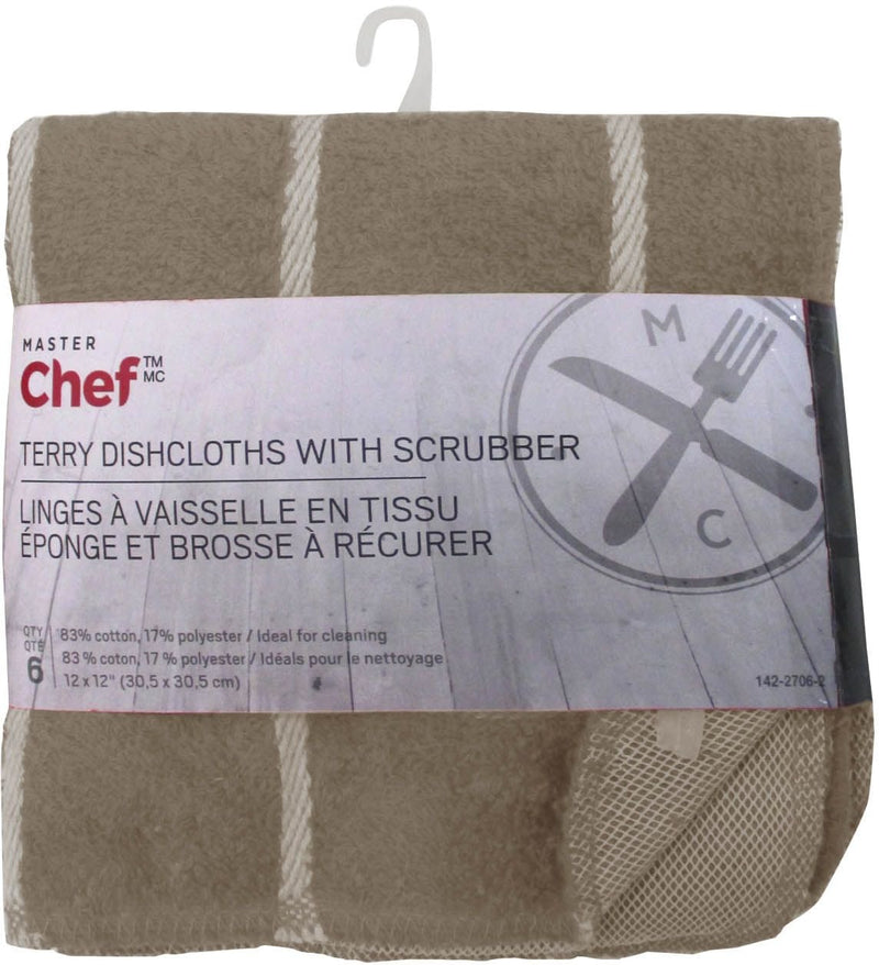 Terry Cotton Checkered Dishcloths with Scrubber, 12-in x 12-in, 6-pk, Brown R1066