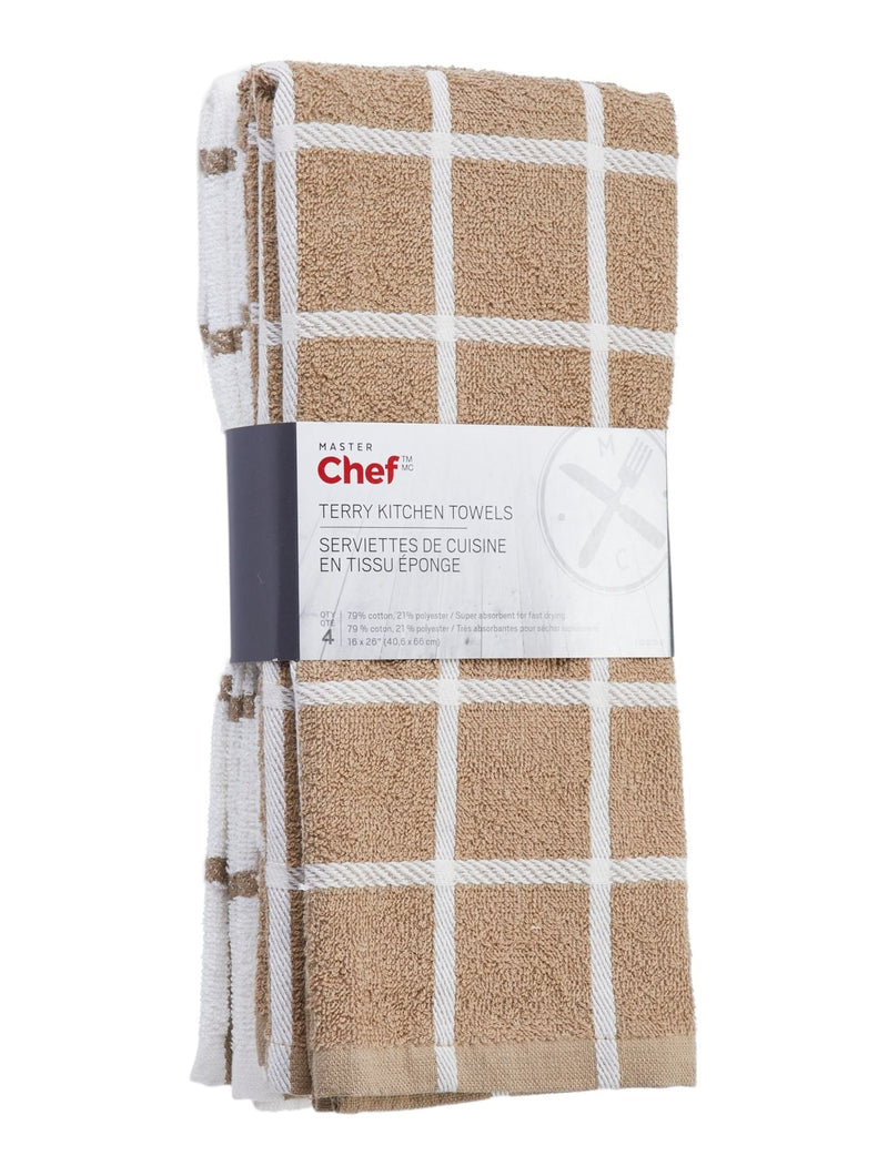 Terry Cotton Checkered Kitchen Towels, Reusable, 16-in x 26-in, 4-pk, Brown/White X2942