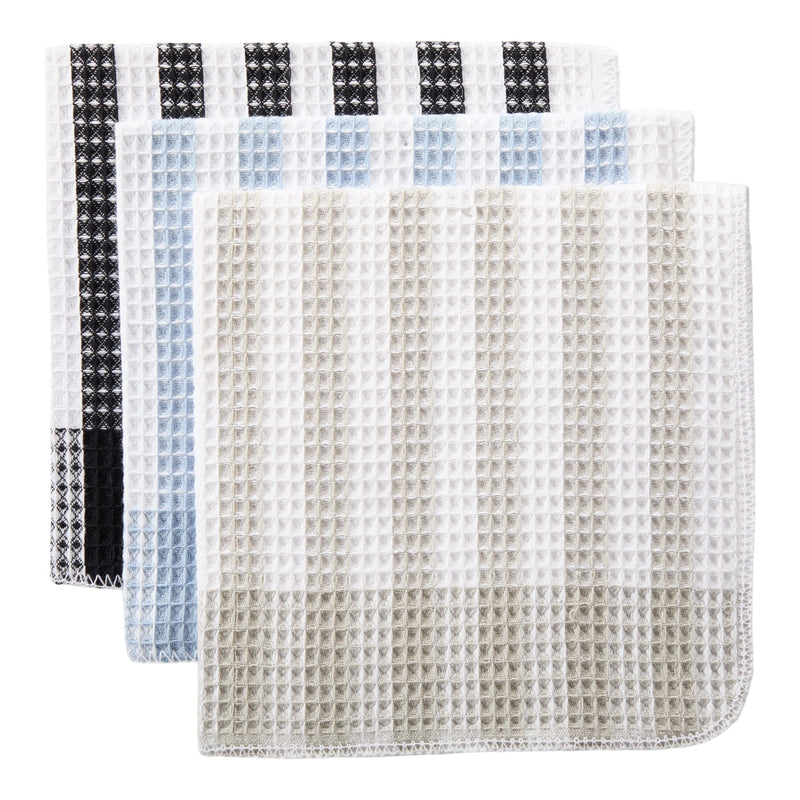 Waffle Checkered Cotton Dish Cloths, Black, Grey & Blue, 14-in, 12-pk L5694
