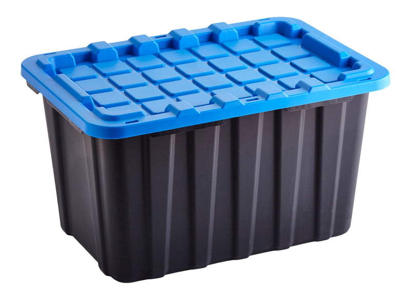 Heavy Duty Stackable Storage Box with Lid, 102-L, Black/Blue N5401