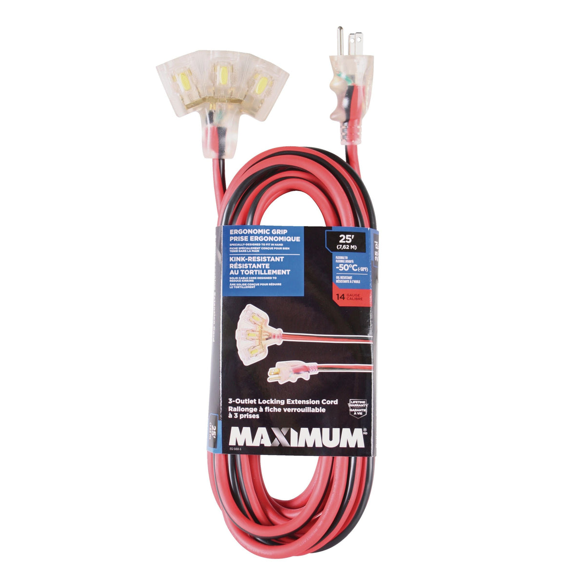25-ft 14/3 Outdoor Extension Cord with 3 Grounded Outlets, Lighted End and Locking Connector, Hi-Visibility