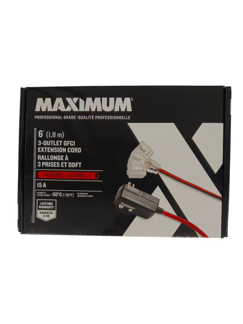 6-ft 14/3 Outdoor GFCI Extension Cord with 3 Grounded Outlets, Lighted End, Block/Red E2135