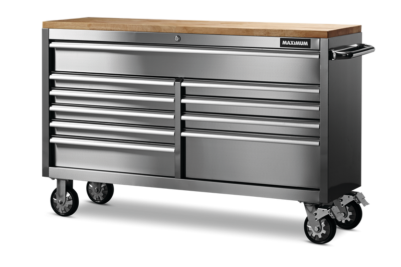 Butcher Block Top Rolling Tool Storage Cabinet with 10 Drawers, Stainless Steel, 56-in F9405