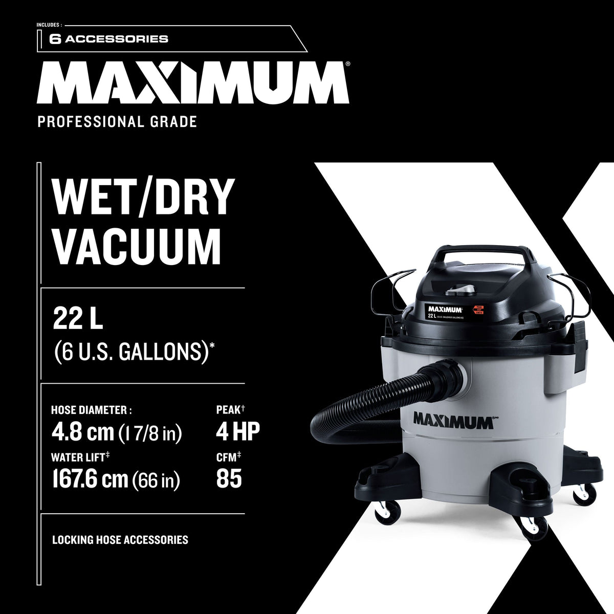 VJF608PF 4 Peak HP Wet/Dry Shop Vacuum with Hose & Accessories, 22-L