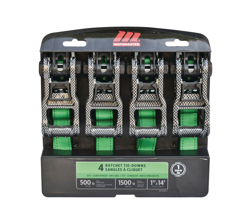 1,500-lb Carbon Ratchet Tie Downs, Weatherproof, 1-in x 14-ft, 4-pk, Green Z1755