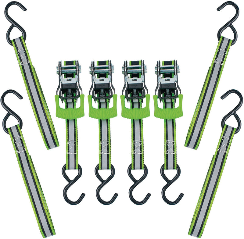 1,500-lb Reflective Ratchet Tie Down Strap, with Padded D-Handle, 1-in x 12-ft, 4-pk, Green H0211