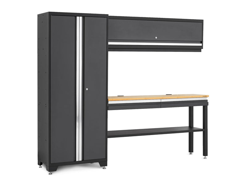 Bold 3.0 Series All-in-One Lockable Steel Garage Cabinetry Set with Bamboo Top, Grey, 90-in x 18-in x 72-in, 4-pc E7581