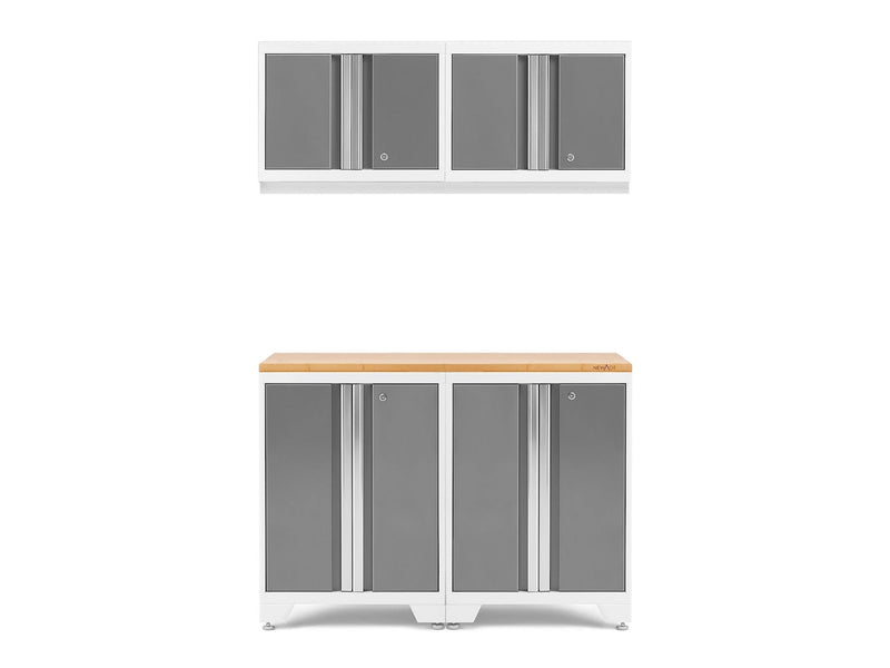 Bold 3.0 Series All-in-One Lockable Steel Garage Cabinetry Set with Bamboo Top, White/Platinum, 48-in x 18-in x 76.75-in, 5-pc M8854
